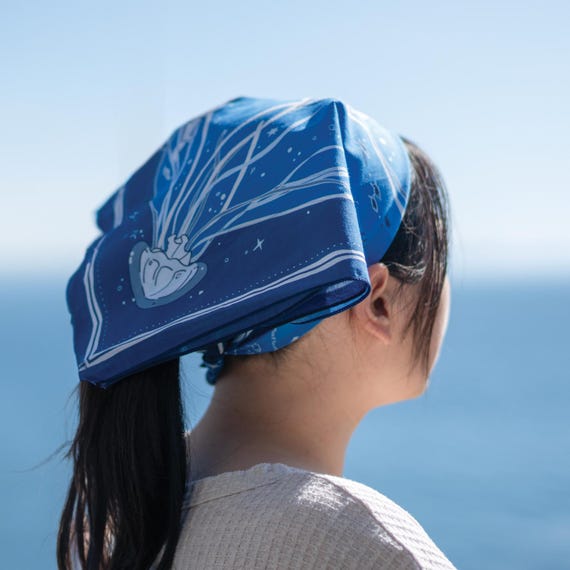 Ocean Whimsy Mermaid Jellyfish Bandana, Blue Hand-Drawn Cotton Scarf, Sea Life Neckerchief, Gift for nature lover