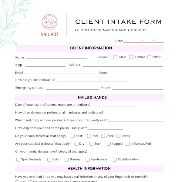Nail Salon Client Intake Form Etsy