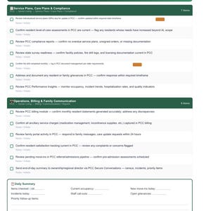 Puede incluir: Un documento verde y blanco titulado Executive Director / Administrator — Daily Checklist, Page 2 of 2. Enumera tareas para planes de servicio, cumplimiento, operaciones, facturación y comunicación, con una sección de resumen diario.