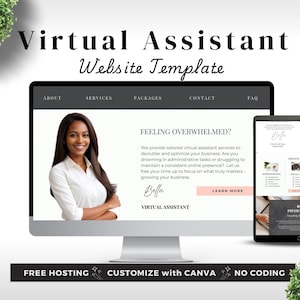 May include: A website template for virtual assistants, featuring a woman with a warm smile and the text "Feeling Overwhelmed?"  The website template is designed to help virtual assistants declutter and optimize their business. The template is customizable with Canva and includes free hosting.