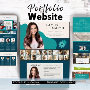 May include: A teal and white website template for a graphic designer. The template features a photo of a woman, a gear icon, and the text "Kathy Smith Graphic Designer". The template is editable in Canva and includes an instant download.