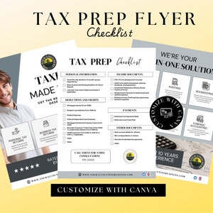 Tax Prep Flyer and Checklists, Professional Tax Services Canva Template, Tax Accountant Flyer, Tax Filing Checklist, Income Tax Preparer