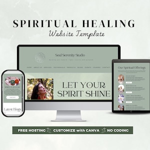 May include: A website template design featuring the words "SPIRITUAL HEALING" and "Website Template". The design showcases a desktop computer, tablet, and smartphone displaying a website with the text "Soul Serenity Studio" and "LET YOUR SPIRIT SHINE".