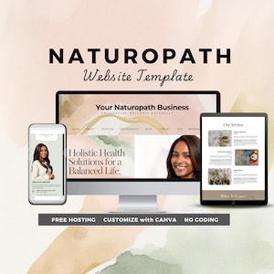 Può includere: Un modello di sito web per un'azienda di naturopatia. Il modello presenta un design moderno con un focus sulle soluzioni di salute olistiche. Il sito web è personalizzabile con Canva e include l'hosting gratuito. Il testo sul sito web recita "La tua attività di naturopatia Potenziare il benessere naturalmente" e "Soluzioni di salute olistiche per una vita equilibrata."