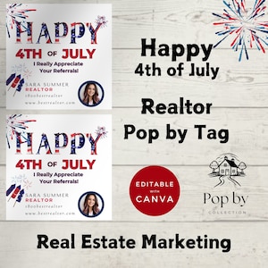Etichetta per agente immobiliare del 4 luglio, modello Canva, marketing immobiliare, ringraziamento del cliente, etichetta regalo, biglietto del 4 luglio