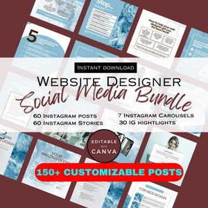 May include: A digital marketing bundle for website designers featuring 60 Instagram posts, 60 Instagram stories, 7 Instagram carousels, and 30 Instagram highlights. The bundle is customizable and editable with Canva. The image features a blue and white colour scheme with the text "Website Designer Social Media Bundle" in large, bold letters.