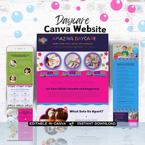 May include: A pink and blue website template for a daycare center. The template features a train design, images of children playing, and the text "Amazing Daycare" and "Where every child shines and sparkles".