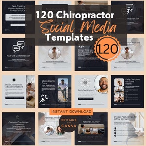 Peut inclure: Une collection de 120 modèles de médias sociaux pour les chiropraticiens. Les modèles présentent une variété de designs, y compris des images de personnes, du texte et des graphiques. Les modèles sont modifiables avec Canva.