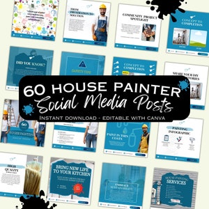 Op de afbeelding: Een collage van 60 social media post sjablonen voor huisschilders. De sjablonen hebben blauwe en witte kleurschema's met afbeeldingen van schilders, kwasten en huizen. De tekst op de sjablonen bevat zinnen als "Van frustratie naar oplossing", "Van concept naar voltooiing", "Verf in dunne lagen" en "Hoge kwaliteit huisverf".