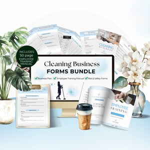 Könnte beinhalten: Ein digitales Marketingbild mit einem Cleaning Business Forms Bundle. Das Bild enthält einen Computermonitor, gedruckte Formulare, eine Kaffeetasse und eine Topfpflanze. Der Monitor zeigt den Text "Cleaning Business FORMS BUNDLE". Das Bundle enthält ein 50-seitiges Handbuch.