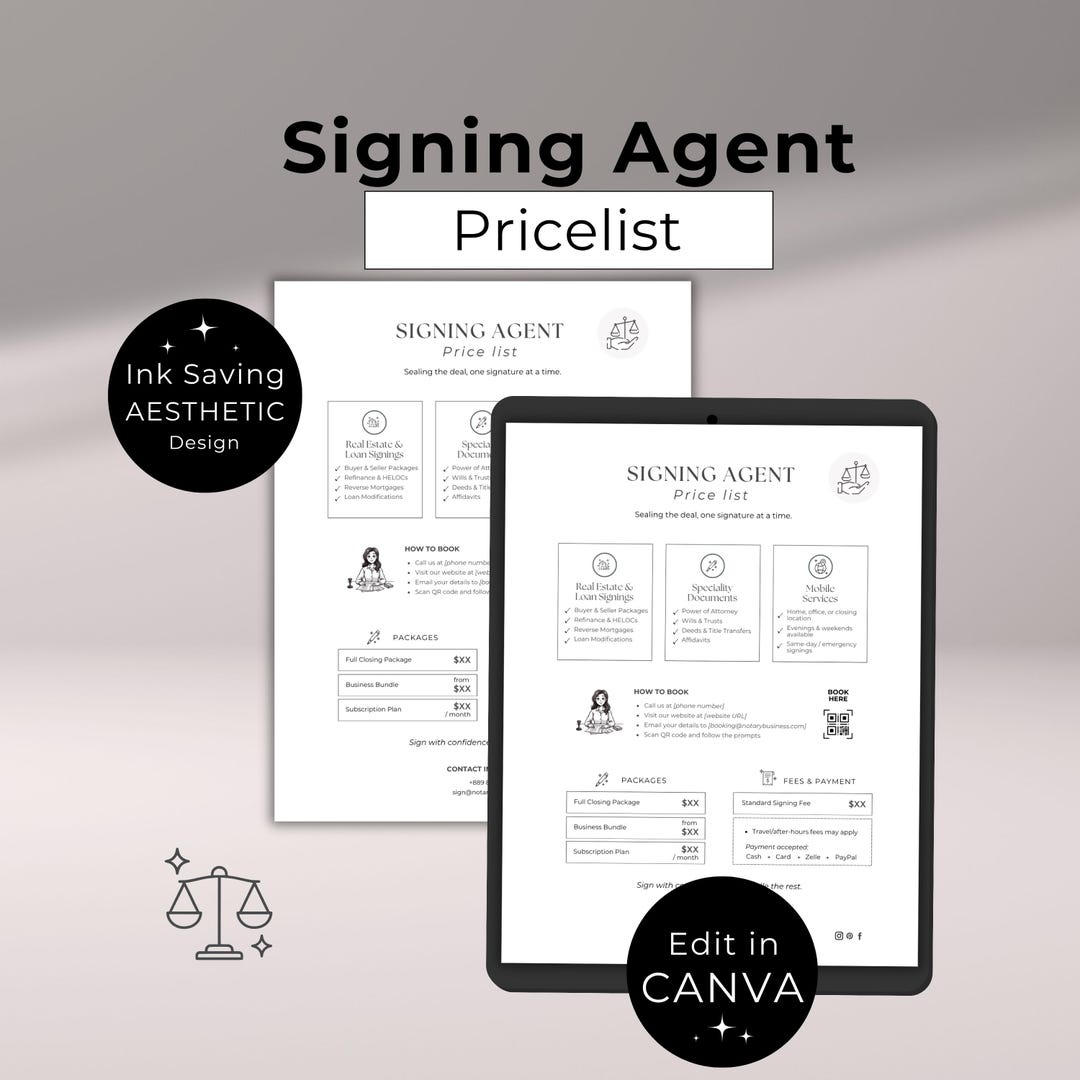 Signing Agent Pricelist Editable Canva Template Notary Public Fees Signing Agent Pricelist Editable Canva Template Notary Public Fees