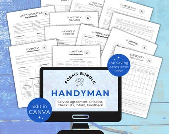 May include: A collection of handyman forms, including service agreements, checklists, and price lists. The forms are shown on a computer screen and arranged on a blue wooden surface. Text on the screen reads "Forms Bundle Handyman". The design is described as "Ink Saving Aesthetic Design".