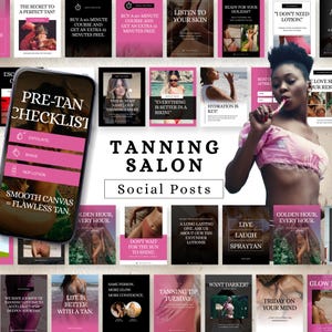 Pode incluir: Uma colagem de posts de mídia social para um salão de bronzeamento, com imagens e texto como "Pre-Tan Checklist" e "Tanning Salon Social Posts". O esquema de cores é principalmente rosa e branco.
