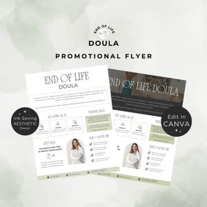 May include: A promotional flyer for an End of Life Doula, with a minimalist design. The flyer includes the text "End of Life Doula" and "Promotional Flyer", along with information about the doula's services. The design is in a soft, neutral colour palette.