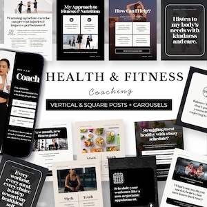 May include: A collection of social media posts and carousel graphics for health and fitness coaching. The designs feature text, images, and layouts focused on nutrition, exercise, and wellness. The color palette is primarily black, white, and beige.
