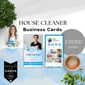 May include: Business card design for a house cleaner, featuring a woman in a cleaning uniform. The card is two-sided, with a size of 2x3.5 inches. The design includes the text "House Cleaner" and "Kelly Summer".