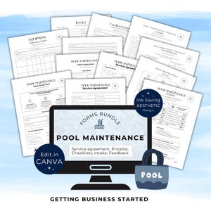 Może przedstawiać: Zestaw formularzy do konserwacji basenu, w tym umowy serwisowe i listy kontrolne. Formularze są wyświetlane na ekranie komputera z napisem "Pool Maintenance Forms Bundle". Obraz zawiera również zamek z napisem "Pool".