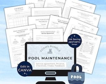 Pool Maintenance Business Forms, Service Agreement, Invoice, Client Intake, Editable Canva Templates, Pricelist, Feedback, Job Completion