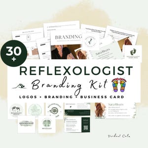 Op de afbeelding: Een brandingkit voor reflexologen, met logo's, brandingwerkbladen en visitekaartontwerpen. De afbeelding bevat verschillende ontwerpelementen, waaronder voetdiagrammen, bladmotieven en de tekst "Reflexologist Branding Kit". De kit bevat meer dan 30 items.