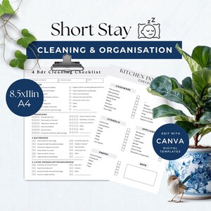 May include: A cleaning and organization checklist with the text "Short Stay" and "Cleaning & Organisation". The checklist includes sections for bedrooms, bathrooms, and living areas. A kitchen inventory checklist is also included. The image is 8.5x11 inches.