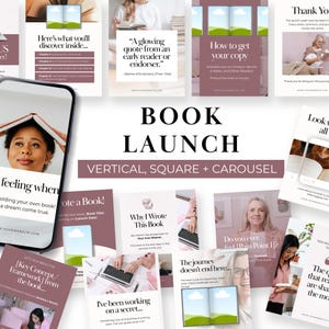 May include: A promotional image for a book launch, featuring a variety of vertical, square, and carousel-style graphics. The central text reads "BOOK LAUNCH." The graphics include quotes, chapter outlines, and images of people with books.
