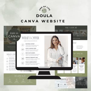 May include: A computer monitor displays a website template for a doula service. The website design features a woman holding glasses, with text that reads "End of Life Doula Canva Website". The website offers emotional support, legacy & memory work, and end-of-life planning.