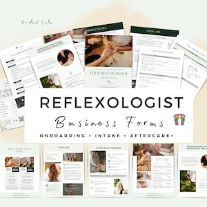 May include: A collection of printed business forms for reflexologists. The forms include onboarding, intake, and aftercare documents. The forms are in shades of green and white, with images of reflexology treatments and the text "REFLEXOLOGIST Business Forms".
