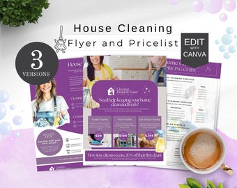 House Cleaner Flyer with Pricelist, Editable Cleaning Service Template for Cleaners, Printable Marketing Flyer Canva Template, CLNPUR