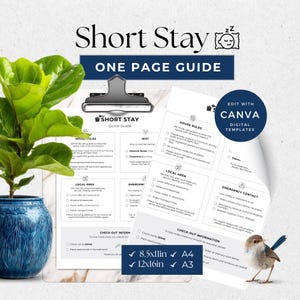 May include: A one-page guide titled "Short Stay" with a clipboard, house rules, and local area information. The guide is a digital template, with options for 8.5x11in, A4, 12x16in, and A3 sizes. A potted plant and a small bird are in the image.
