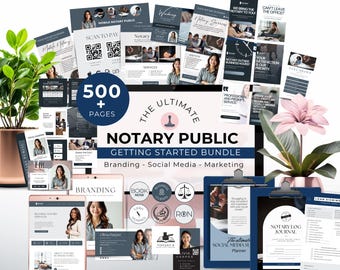 May include: A collection of marketing materials for a notary public, including business cards, social media templates, and a journal. The bundle features a variety of designs with the text "The Ultimate Notary Public Getting Started Bundle". The image includes a plant and a pink flower.