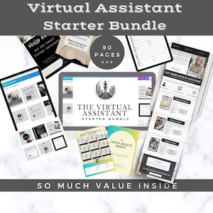 Puede incluir: Un paquete de marketing digital para asistentes virtuales, que incluye una pantalla de computadora portátil que muestra una lista de verificación, una guía básica de Canva y una guía de video de cómo hacerlo. El paquete incluye 90 páginas de contenido y se titula "The Virtual Assistant Starter Bundle".