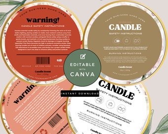 Candle Warning Labels, Printable, editable in Canva. Candle Safety Instructions.  Red, Brown, Green  Premaid and Editable.