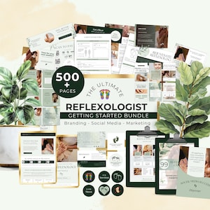 May include: A collection of marketing materials for reflexologists, including forms, cards, and social media templates. The bundle features a green and white color scheme with the text "The Ultimate Reflexologist Getting Started Bundle". Includes over 500 pages.