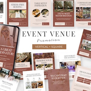 Social media per location di eventi, post di Instagram per la promozione di location, grafica verticale e quadrata, modelli Canva modificabili