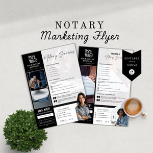 Ulotka marketingowa notariusza, ulotka biznesowa agenta podpisującego, szablon ulotki Canva, marketing notariusza publicznego, mobilny znak notariusza, NTPBLU