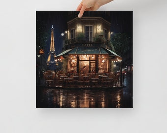 Nighttime Parisian Cafe in the Rain Canvas Print | 12"x12" & 16"x16" Canvas