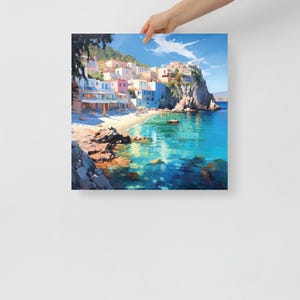Póster de papel fotográfico (brillo/mate) Estilo acuarela Costa de Grecia Impresión de arte - Póster 10x10, 12x12, 14x14, 16x16 y 18x18