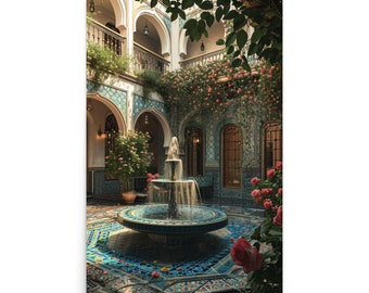 Fontaine de carrelage marocaine dans la cour, impression artistique de 24x36 pouces, affiche de 24x36 pouces