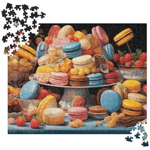 May include: A colorful still life featuring a variety of macarons, pastries, and fruit. The macarons are arranged on a tiered cake stand with a white base and a blue and white floral pattern. The pastries are arranged on a blue tablecloth. The fruit includes bananas, strawberries, and cherries.