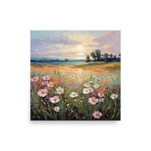 May include: A painting of a field of wildflowers in shades of pink and white, with a distant view of trees and a sunset sky.