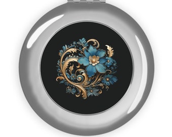 Ornate Blue Flourish Compact Travel Mirror