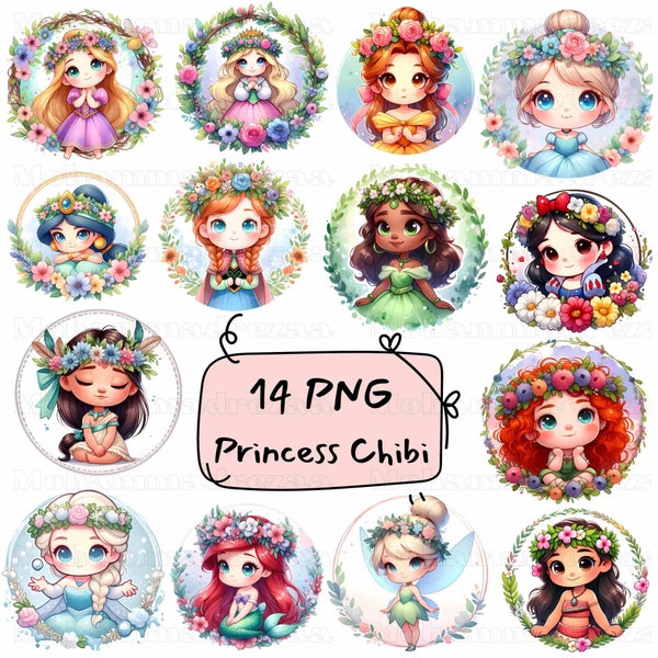 Floral Princess Chibi Clipart PNG Bundle, Transparent Background PNG, Cute Kawaii Princess Cartoon Png, Princess Chibi Floral Watercolor Png