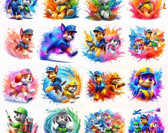 Lot de 20 personnages de dessins animés film Splash et aquarelle PNG, chien aquarelle Png, clipart de dessin animé, dessin animé aquarelle Png, film d'animation Png