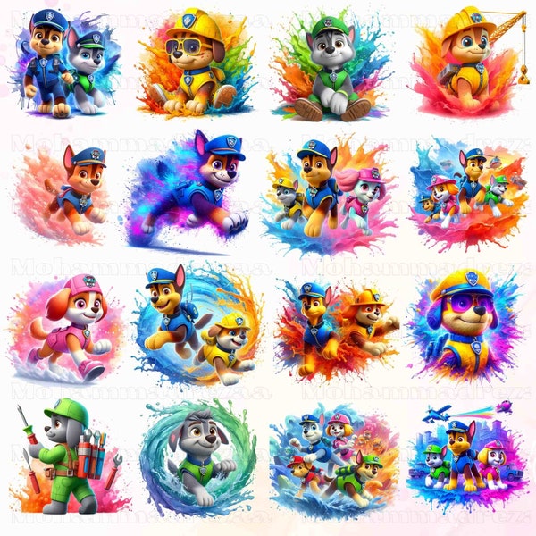 Lot de 20 personnages de dessins animés film Splash et aquarelle PNG, chien aquarelle Png, clipart de dessin animé, dessin animé aquarelle Png, film d'animation Png