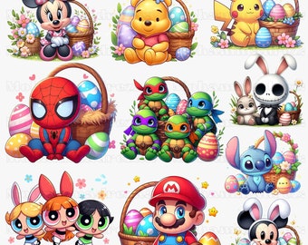 Cartoon Chibi Easter Character Png Bundle, Happy Easter Day Png, Superhero Easter Png, Pika chu Easter Egg Png, Mouse And Friends Easter Png