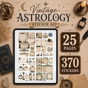 Könnte beinhalten: Ein digitales Tablet mit einer Sammlung von Astrologie-Aufklebern im Vintage-Stil, die verschiedene Rahmen, Waagen und Himmelsmotive zeigen. Das Set umfasst 25 Seiten und 370 Aufkleber, präsentiert neben einem Tintenfass, einer Feder und einem Buch.