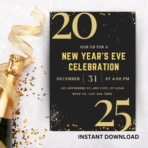 Digitale Silvesterpartyeinladung, druckbare Einladung, Frohes neues Jahr 2025, Neujahrsparty einladen, Silvester lädt ein, bearbeitbar
