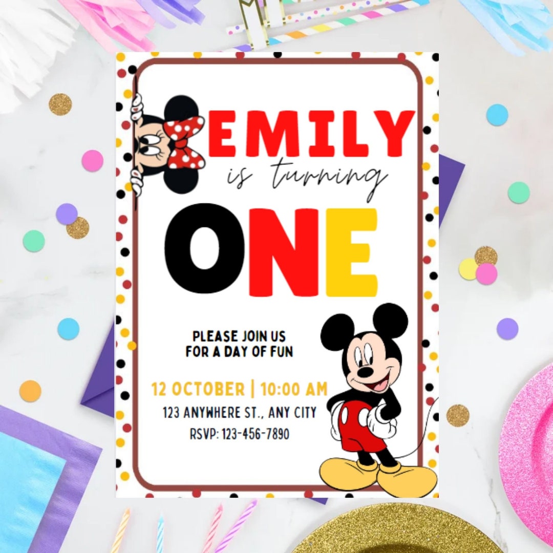 Mickey Mouse 1st Birthday Invitation | Editable Canva Template (digital ...