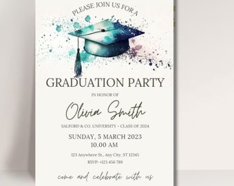 Plantilla de invitación a fiesta de graduación, editable, personalizable, invitación impresa o digital, minimalista, acuarela, anuncio de graduación