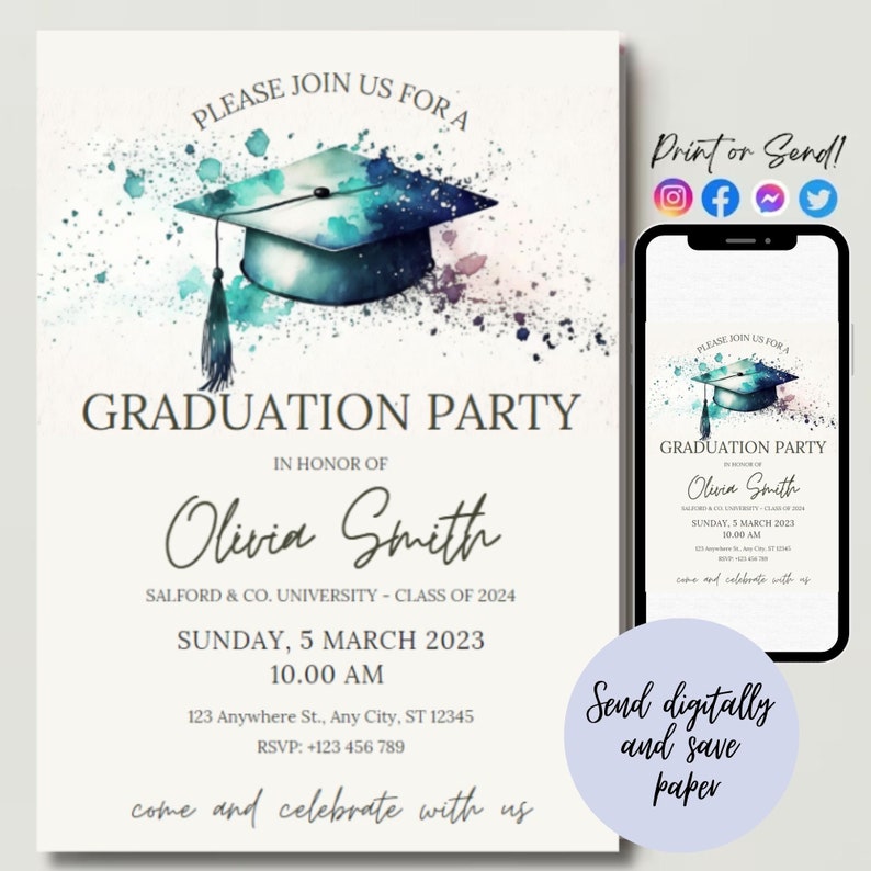Graduation Party Invitation Template, Editable, Customizable, Print or ...